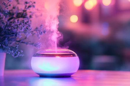 A modern essential oil diffuser emits soothing mist in a tranquil environment surrounded by soft lighting and plants.の写真素材