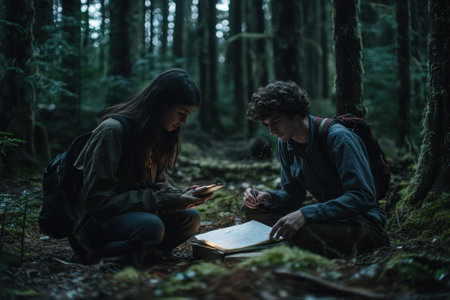 Two young adventurers focus on a notebook while surrounded by towering trees at dusk.の写真素材