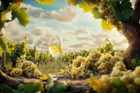 Lush green vineyard filled with ripe grapes and a glass of white wine glistening in the evening light.の写真素材