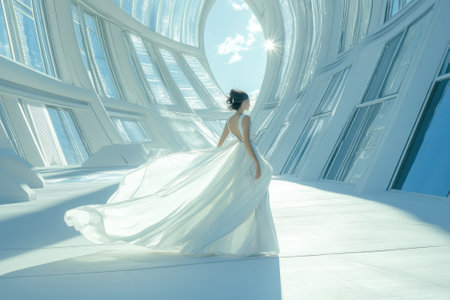 A woman in a white gown gracefully moves through a contemporary building filled with natural light.の写真素材