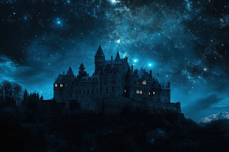 A dark castle stands quietly against a vibrant starry sky, creating an enchanting and mystical atmosphere.の素材
