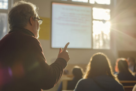 A knowledgeable educator passionately interacts with students during a lecture in a well-lit classroom.の写真素材