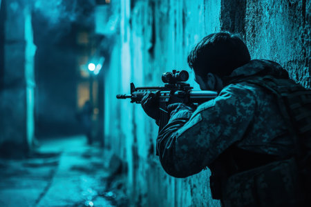 A soldier aims a rifle cautiously down a dimly lit alley, surrounded by crumbling walls at night.の写真素材