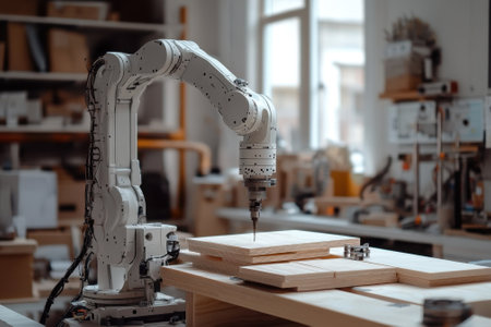 A robotic arm is precisely drilling holes into wooden panels in a well-equipped workshop environment.の写真素材