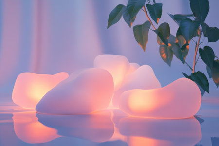 Softly glowing stones bathe the surroundings in warm light, creating a calming atmosphere with greenery nearby.の写真素材