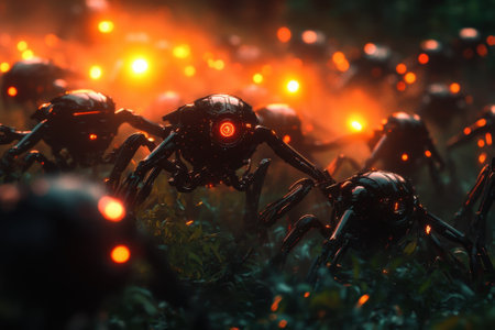 A swarm of robotic creatures with glowing eyes navigates a forest filled with soft, warm light during twilight.の写真素材