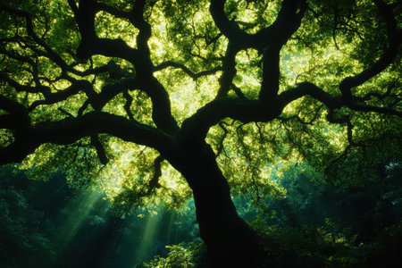 Sunlight filters through a lush canopy, casting intricate shadows beneath a grand tree in a peaceful woodland.の写真素材