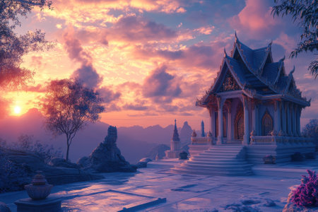 A stunning temple rests atop a mountain as the sun sets, casting vibrant colors across the sky.の写真素材