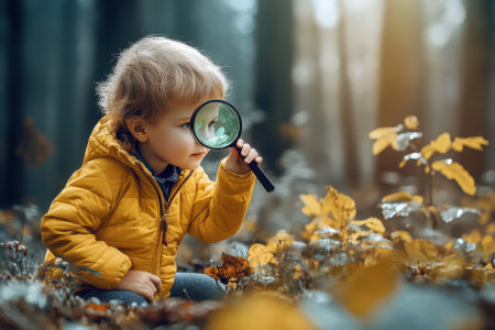 A young child in a yellow jacket examines leaves in a forest, highlighting curiosity and nature exploration.の写真素材