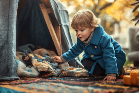A young child in a blue coat is curiously looking into a blanket-covered fort under colorful autumn leaves.の写真素材