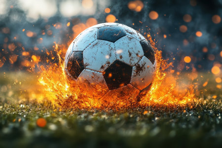 A soccer ball on the ground bursts into flames, adding excitement to the game and captivating players.の写真素材