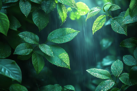 Refreshing raindrops collect on vivid green leaves in a tranquil forest, creating a serene atmosphere.の写真素材