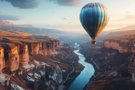 A colorful hot air balloon floats gracefully above a serene canyon at sunrise, revealing breathtaking landscapes.の写真素材