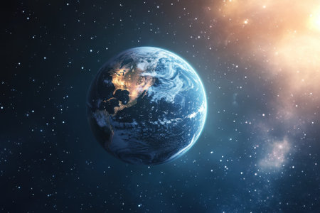 Earth is beautifully illuminated, showing oceans and landmasses against a star-filled cosmic background.の写真素材