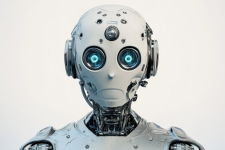A humanoid robot with glowing blue eyes stands against a plain background, embodying futuristic design and engineering.の写真素材
