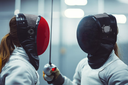 Two athletes in fencing gear are poised for a duel in a well-lit indoor arena, showcasing their skills.の写真素材