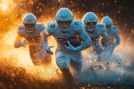 A group of football players runs energetically through water as the sun sets, creating an intense atmosphere.の写真素材