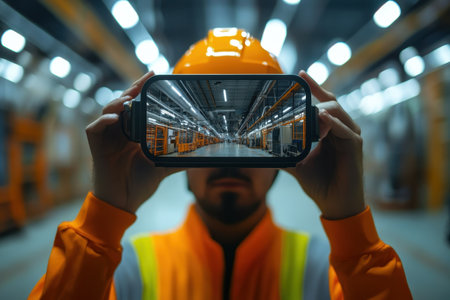 A construction worker is documenting the expansive warehouse layout with a smartphone in hand.の写真素材