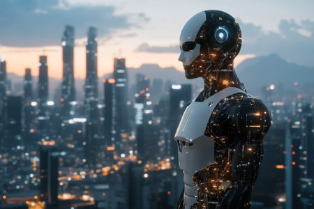 A robot stands on a rooftop, gazing at a futuristic city with illuminated skyscrapers at sunset.の写真素材