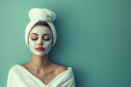 A woman enjoys a facial treatment, with her eyes closed and a mask applied on her face, in a serene spa setting.の写真素材