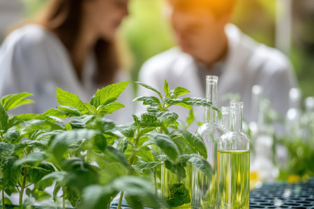 Researchers explore plant biology in a greenhouse using glass containers filled with liquid.の写真素材