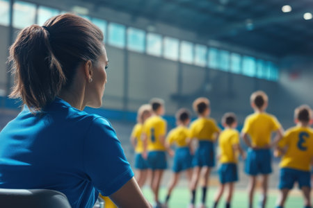 Young athletes in yellow uniforms practice soccer while coach observes and provides guidance.の写真素材