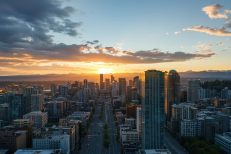 A breathtaking view of a city skyline during sunset, with buildings silhouetted against a colorful sky.の写真素材