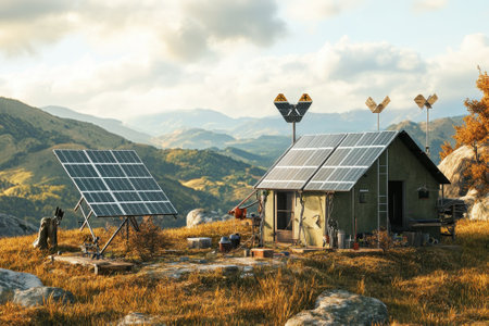 Solar panels and wind turbines power a remote cabin amidst rolling hills and mountains at sunset.の写真素材