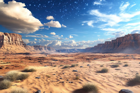 A stunning desert expanse features rocky cliffs and soft grass patches, illuminated by twinkling stars above.の写真素材