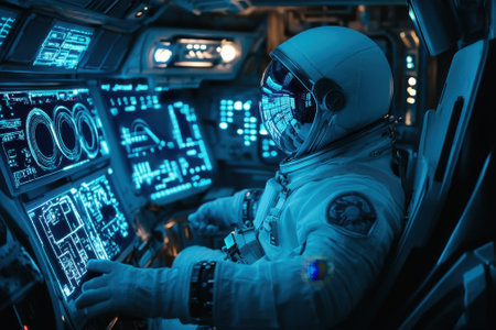 An astronaut in a high-tech suit interacts with glowing displays inside a spacecraft, navigating through space.の写真素材