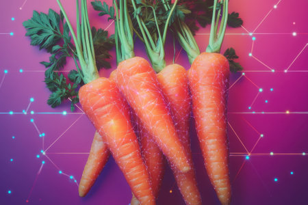 Five bright orange carrots with green tops are arranged artistically against a colorful background.の写真素材