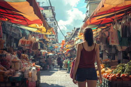 A woman walks through a bustling market, surrounded by colorful stalls offering fresh fruits and vegetables.の写真素材