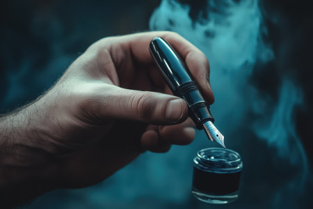 A hand grips a fountain pen poised above a small jar of ink, surrounded by swirling smoke in a dark atmosphere.の写真素材