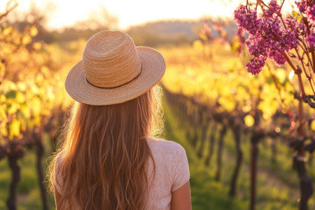 A woman stands in a vineyard at sunset, admiring the colorful landscape filled with grapevines and flowers.の写真素材