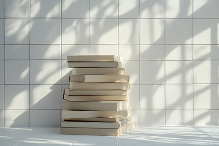 Nine neatly stacked books create interesting shadows on a white tiled wall in natural light.の写真素材