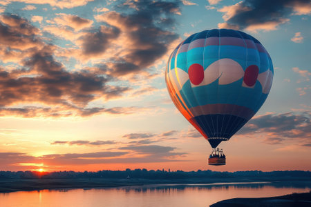 A vibrant hot air balloon rises above a calm river during a breathtaking sunset, casting reflections on the water.の写真素材