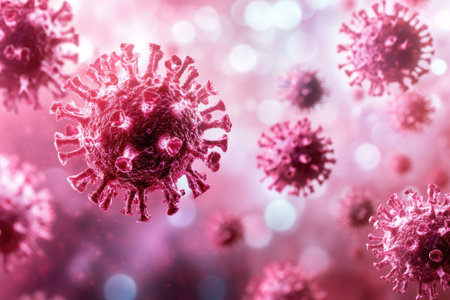 Virus particles are depicted in vibrant colors, set against a softly blurred background, highlighting infection.の写真素材