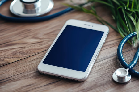 A smartphone lies next to a stethoscope, representing the intersection of technology and healthcare.の写真素材