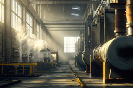 Sunlight filters through large windows in a spacious warehouse where steam rises from machinery.の写真素材