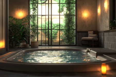A serene hot tub awaits in a peaceful spa, illuminated by calming lights and surrounded by vibrant plants.の写真素材