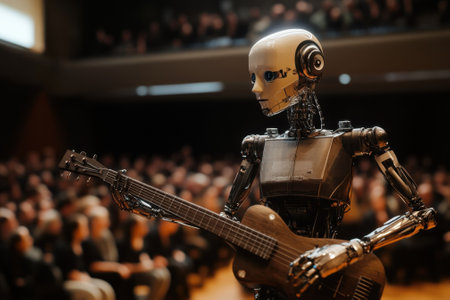 A robot musician captivates the audience while playing an electric guitar at a concert in a large hall.の写真素材