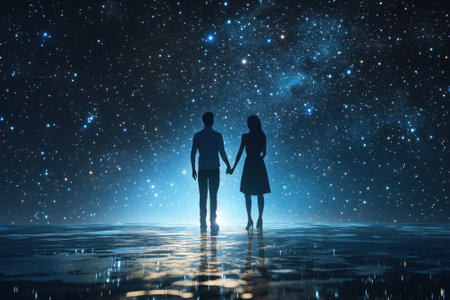 A couple stands hand in hand, gazing at a mesmerizing starry sky reflecting on tranquil water.の写真素材