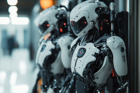 Two humanoid robots with sleek designs stand quietly in a well-lit corridor, showcasing advanced technology.の写真素材