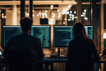 Two programmers code on dual monitors in a dimly lit office filled with ambient lights at night.の写真素材