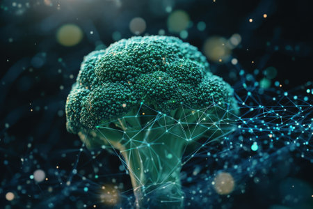 Broccoli stands out with glowing connections and a dark background, showing a blend of nature and technology.の写真素材