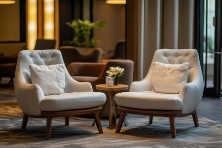 Two stylish armchairs with cushions surround a wooden side table, creating a welcoming space in a modern lounge.の写真素材