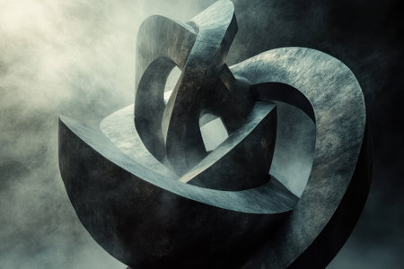 A striking abstract sculpture features intertwined forms and textures, highlighted by soft, dramatic lighting.の写真素材