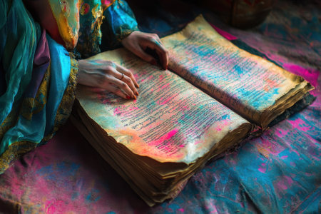 A person examines an ancient book filled with colorful ink on a richly decorated fabric surface.の写真素材