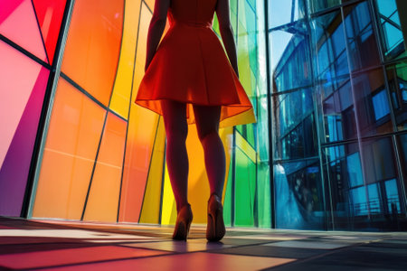 A young woman in bright attitude stands in front of stunning rainbow glass walls, showcasing urban art.の写真素材