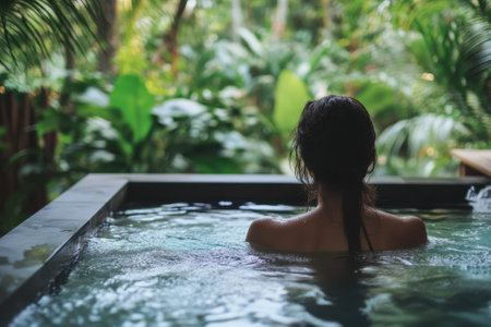 A person enjoys a tranquil moment in a private pool, surrounded by lush greenery and tranquility.の写真素材